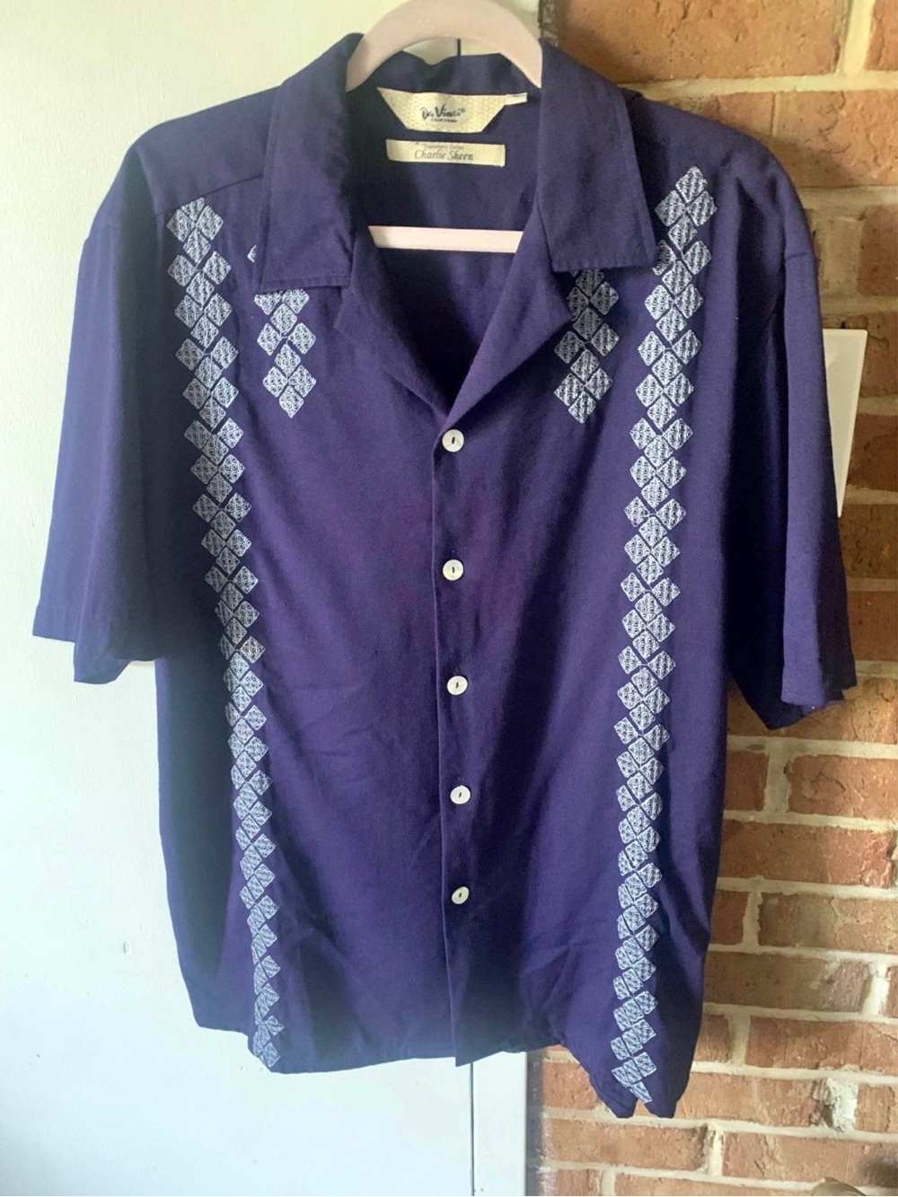DaVinci Navy Purple Short-Sleeve Button-Down Shirt with White Embroidery